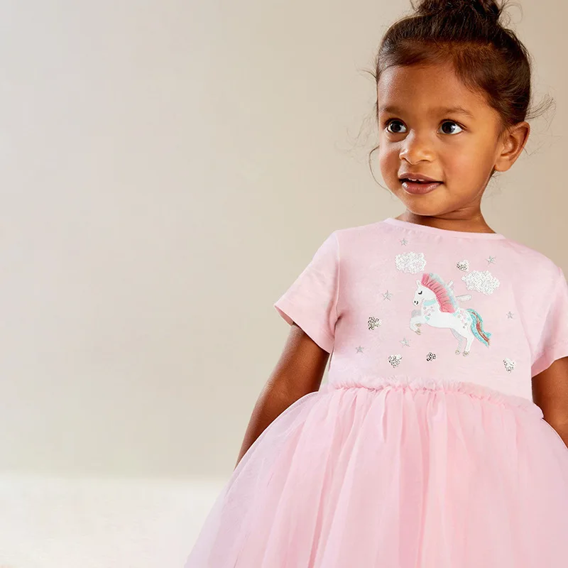 Children's Clothing Baby Girls 2025 Summer Embroidered Cartoon Casual Unicorns Dresses Pink Dresses Kids Clothes