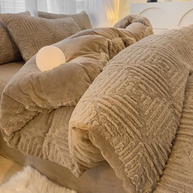 2025 winter model carved rabbit fur milk fleece bed four-piece set coral fleece thickened bed sheet quilt cover fitted sheet kit 3