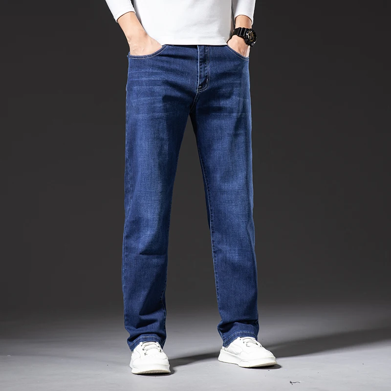 Large Size 40 42 44 46 Men's Loose Straight Jeans Autumn New Business Casual Stretch Trousers Classic Blue Denim Pants Male men jeans,mens jeans,jeans trousers,denim trousers,business jeans,elastic jeans,washed jeans,mens casual trousers