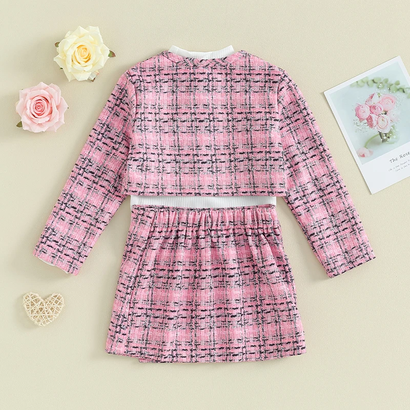 

Toddler Girls 3 Piece Autumn Skirt Suit Ribbed Pullover Sweater Plaid Button Coat Mini Skirt Set Clothes