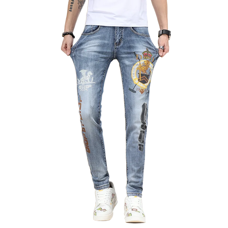 High-End Light-Colored Embroidered Men's Jeans Men's Spring and Summer Fashion Brand2024New Casual Slim Fit Feet Printed Pants