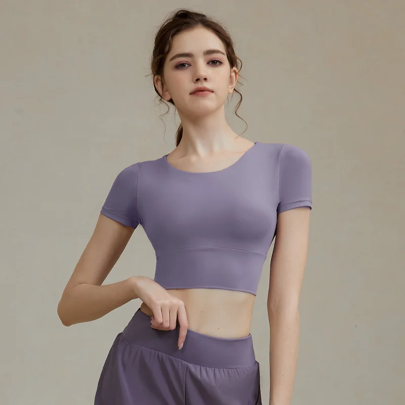 Women Yoga Shirts Workout Open Back Top Short Sleeve Crop Top