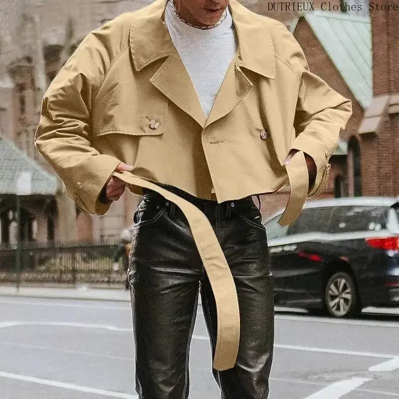 Super Cool Street Motorcycle Men's Coat New Fall Fashion Loose Men's Short Trench Coat Lapel Lace-up Cargo Male Short Jacket