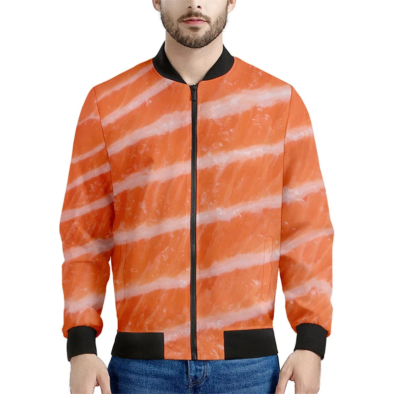 thumbnail image 1 of Chaqueta bomber con estampado 3D de salmón fresco para hombre y mujer, sudadera con estampado de carne de pescado sashimi, chaquetas de calle de manga larga con cremallera, 1 of 4