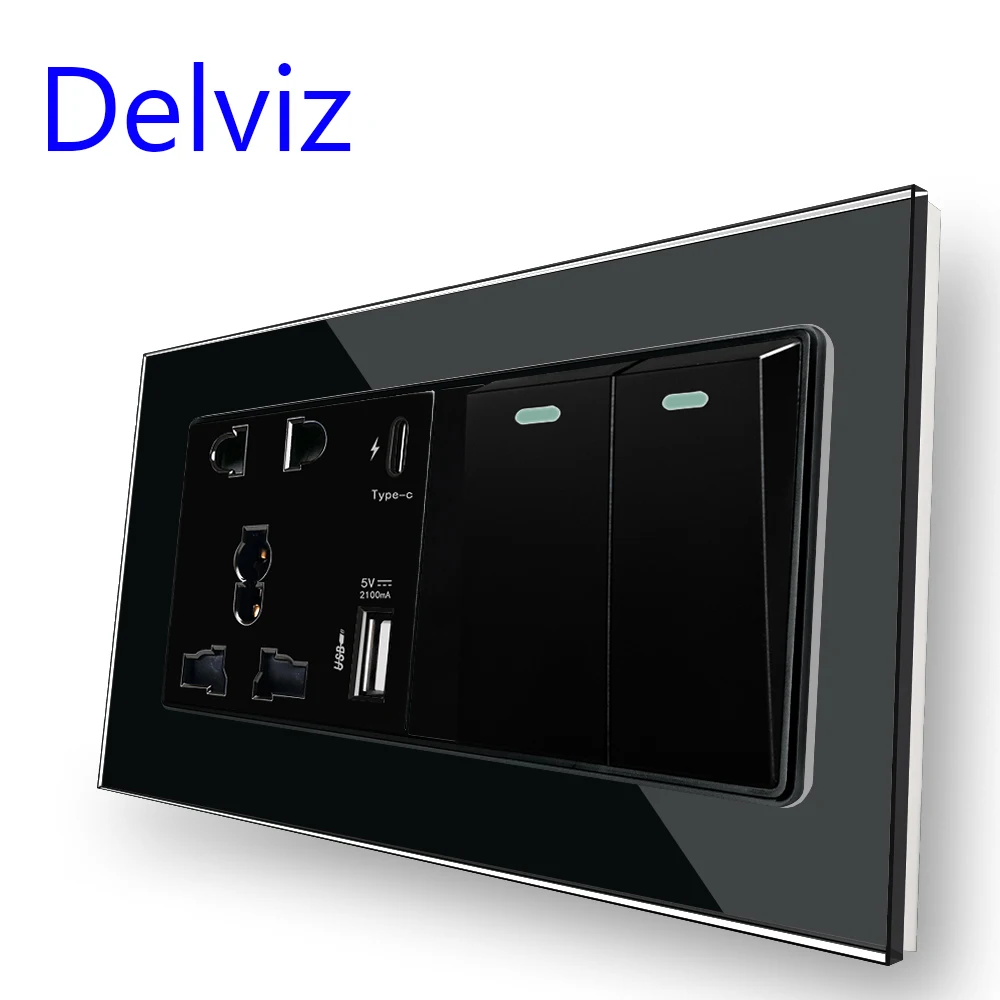 Delviz 2 Gang 2 Way Light Switch,Crystal glass panel,Universal USB Power Outlet, Type C Interface Smart Quick Charge Wall Socket