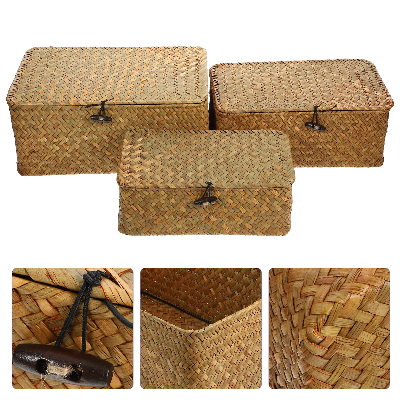 

3pcs Wicker Baskets Rectangular Woven Storage Basket with Lid Home Organizer Basket Container for Home Bathroom Closet Drawer