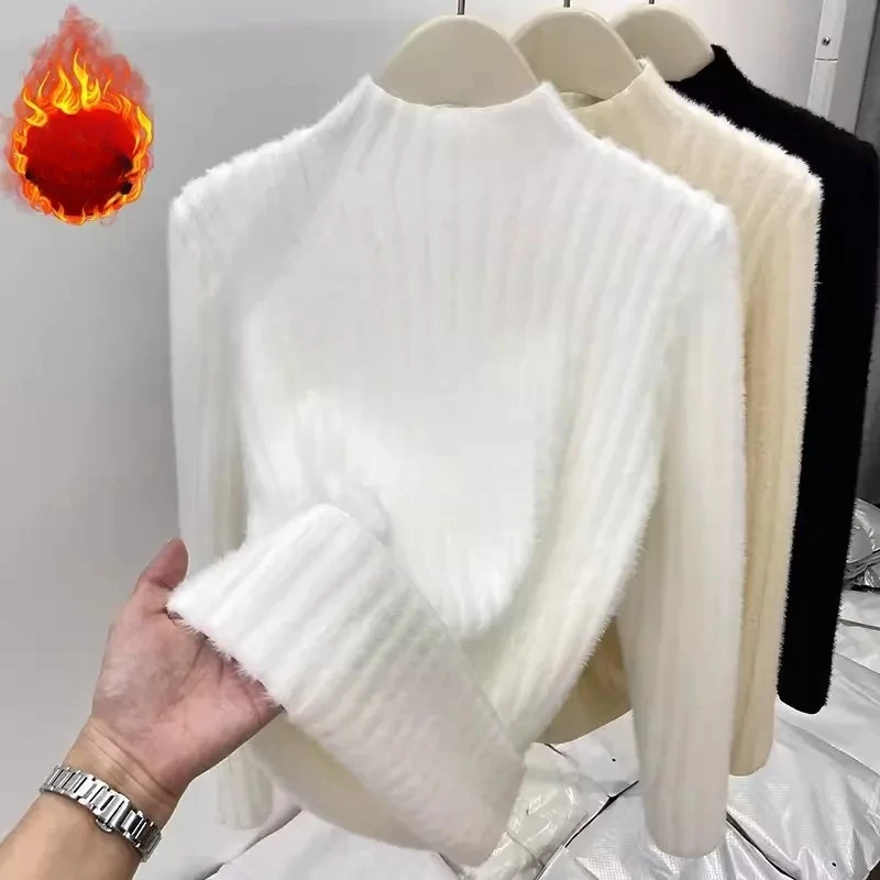 New Autumn/winter Women's Semi-turtleneck Long-sleeved Slim Sweater Warm Elegant One-piece Fleece Casual Knitwear Top