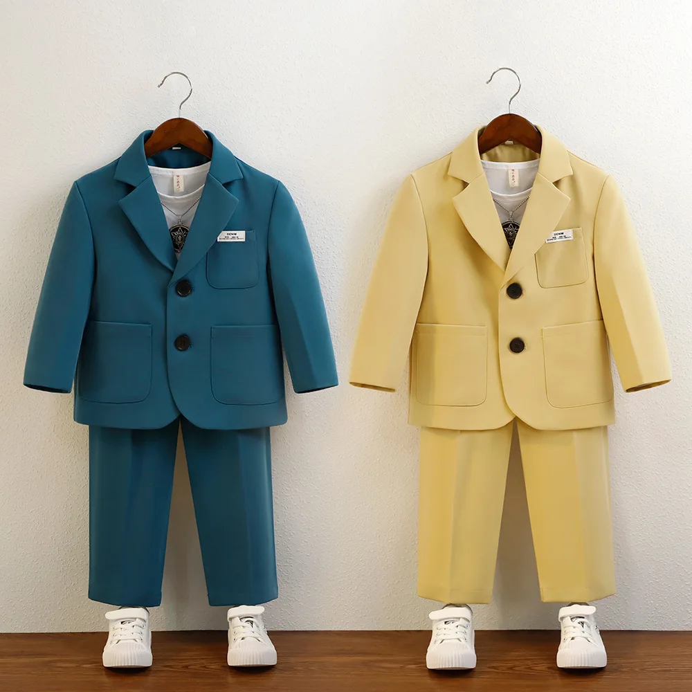 Uniforme scolastica per ragazzi blazer Casual gialli pantaloni due pezzi fiore bambino Costume da sposa bello Host Performance Outfits