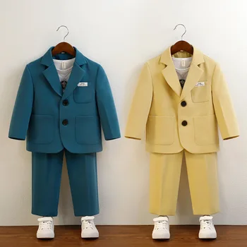 Uniforme scolastica per ragazzi blazer Casual gialli pantaloni due pezzi fiore bambino Costume da sposa bello Host Performance Outfits