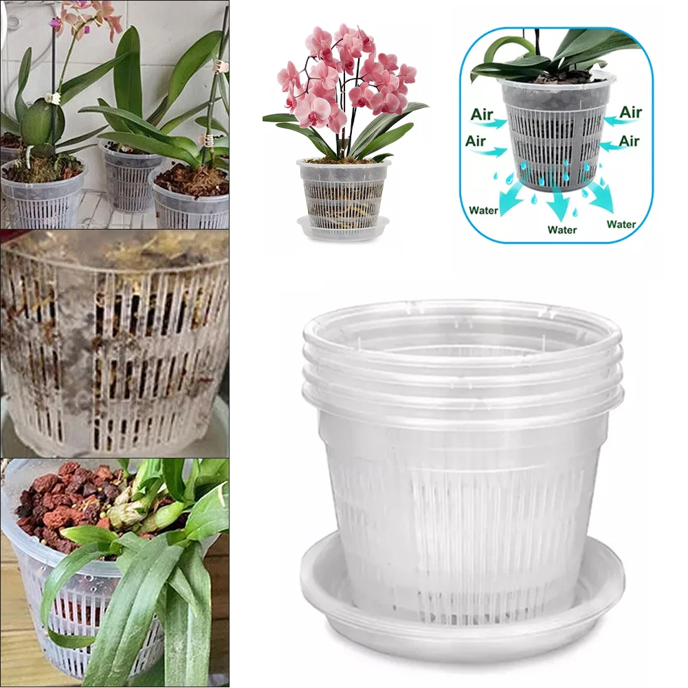 Orchid Pot With Saucers 5pcs Meshpot Plastic Clear Flower Plant Repotting Pot With Holes Mesh Root Control