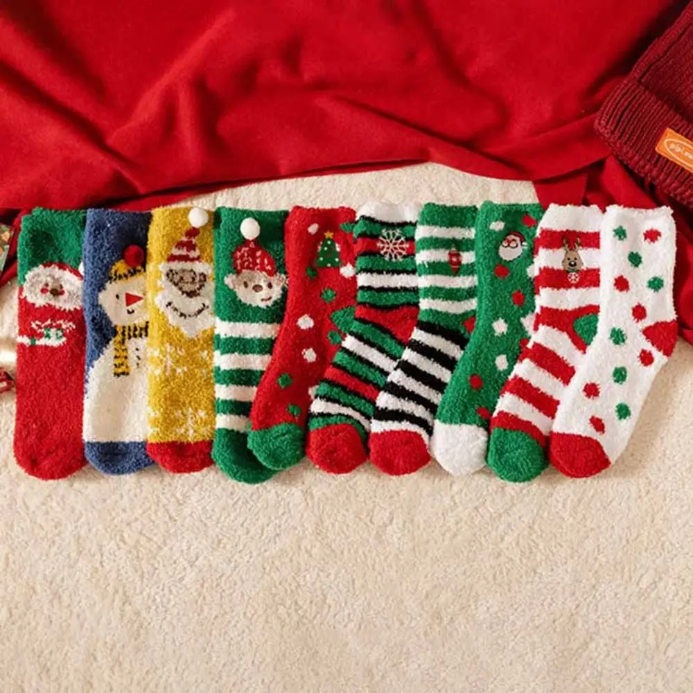Cartoon Floor Sleep Socks Snowman Winter Red Green Elk Coral Velvet Socks Middle Tube Socks Women Hosiery Christmas Socks