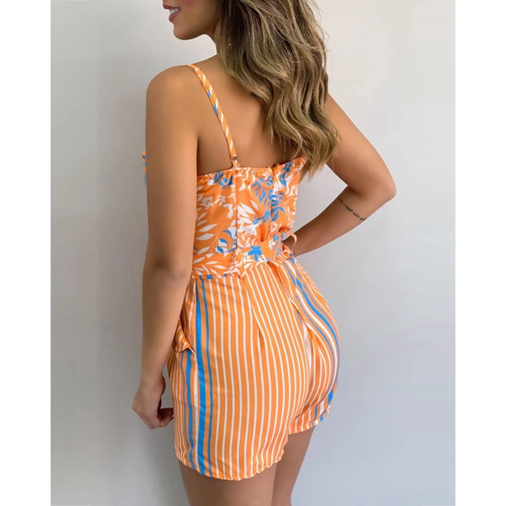 2024 Summer Women Floral Print V-neck Spaghetti Strap Romper with Belt Casual 2 Pieces Vacation Sexy Woman Summer Outfits
