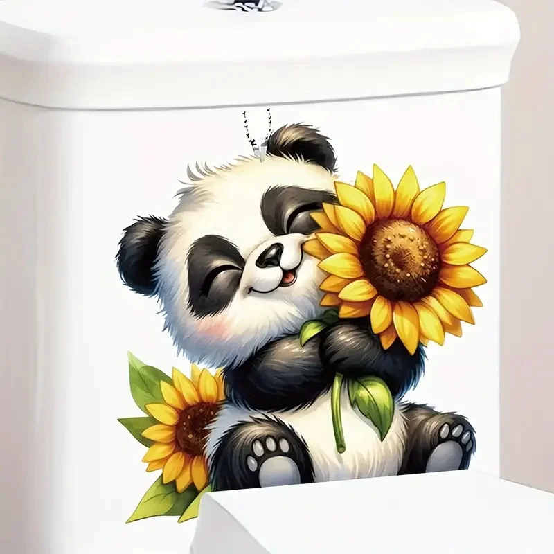 Cute Panda Sunflower Toilet Lid Decal PVC Self-Adhesive Waterproof Bathroom Sticker