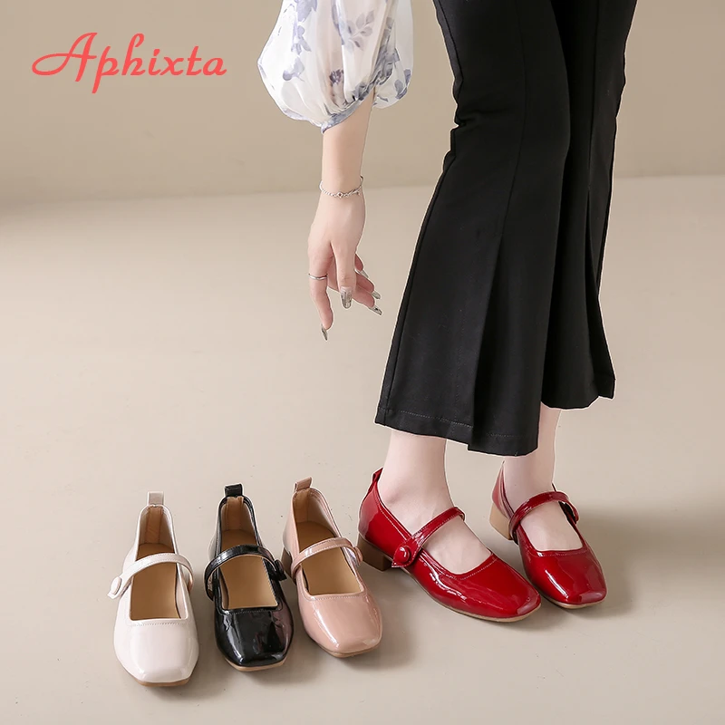 Aphixta Patent Leather Shallow Woman Shoes 2.5CM Low Heels Hook Loop Casual Shoes For Woman Elegant Pumps Soft Sole Ladies Shoes