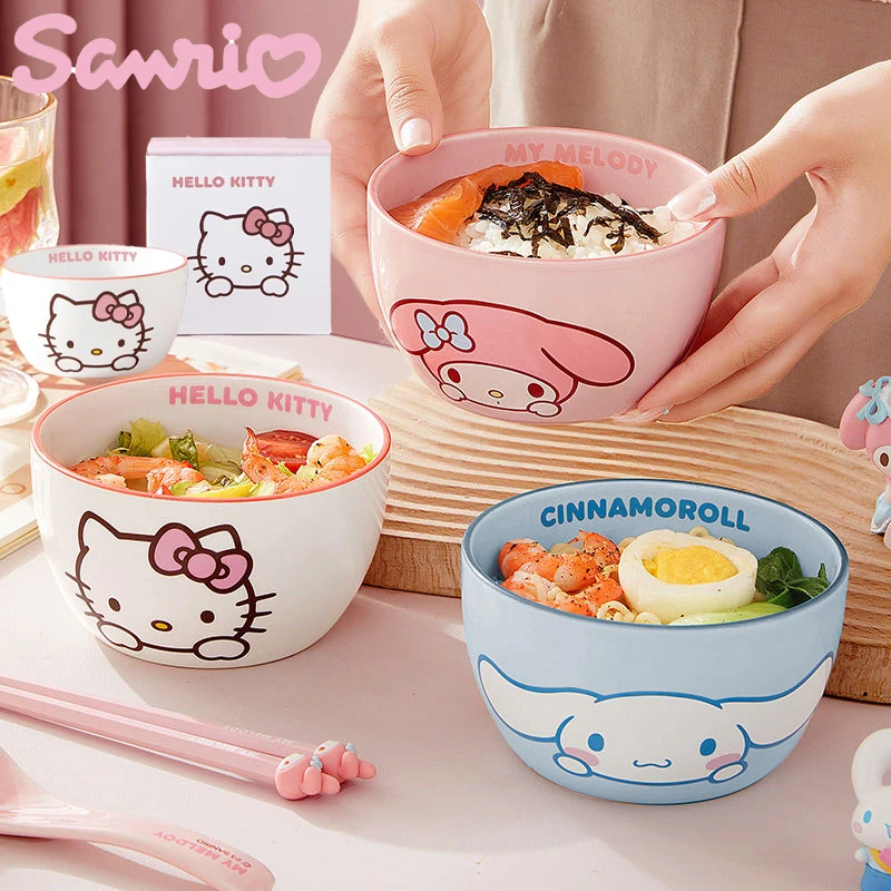 

Sanrio Hello Kitty Cinnamoroll Kuromi Ceramic Eating Rice Bowl Household Soup Noodle Bowl Cute Children High Value Tableware