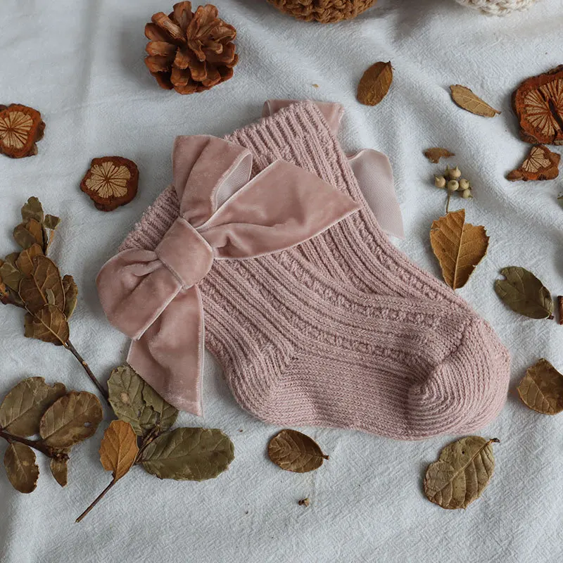 Baby Girls Christmas Socks Kids Cotton Big Bow Knee High Sock Solid Woolen Leg Warmers Girl