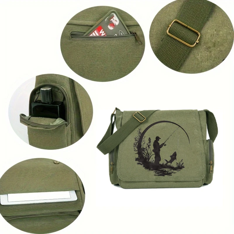 Vintage Men's Shoulder Bag Crossbody Bag Canvas Messenger Bag Fishing Print Large Capacity Travel Men's Bag