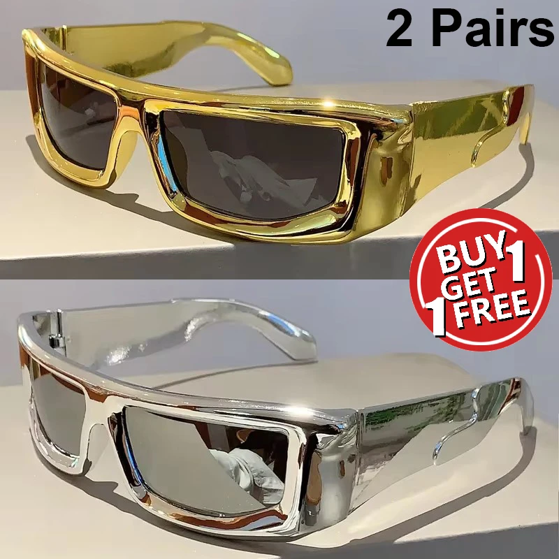 2 Paar Y2k Punk-Spiegel-Sonnenbrillen für Herren, neue metallische Felge, Outdoor-Sport, Damen-Sonnenbrillen, trendiges Markendesign, futuristische Sonnenbrillen