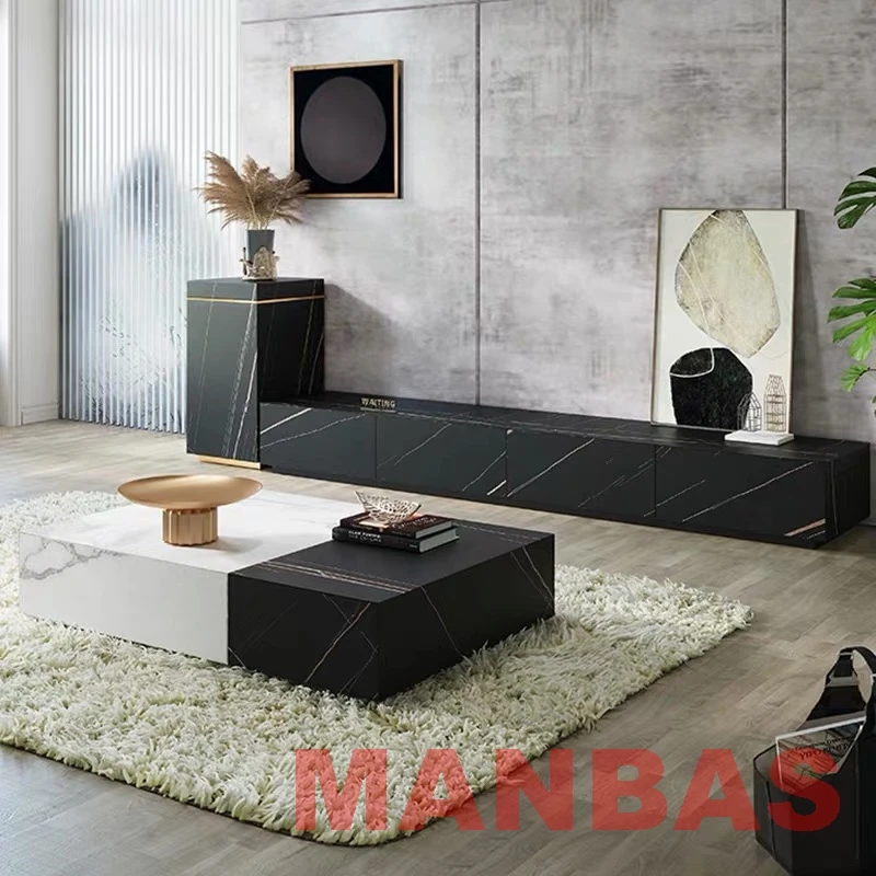 MANBAS Nordic Sintered Stone Table Basse TV Stand Modern Rectangle Coffee Tables Tea Table with Stainless Steel Muebles De Sal&oacute;n
