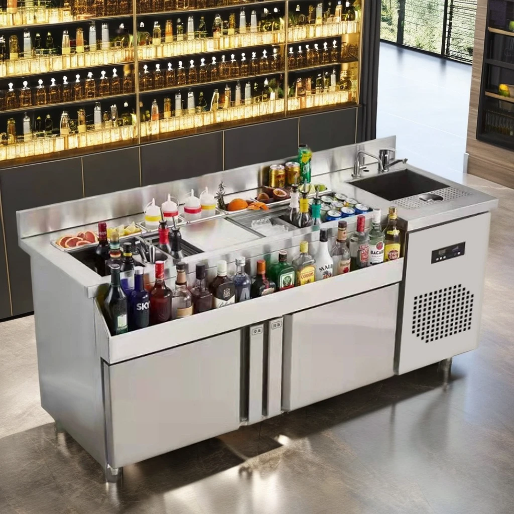 Newest Design Station Mobile Bar Equipment Stainless Steel Cocktail Bar Station Ice Trough Sink Function Bartender Work Counter