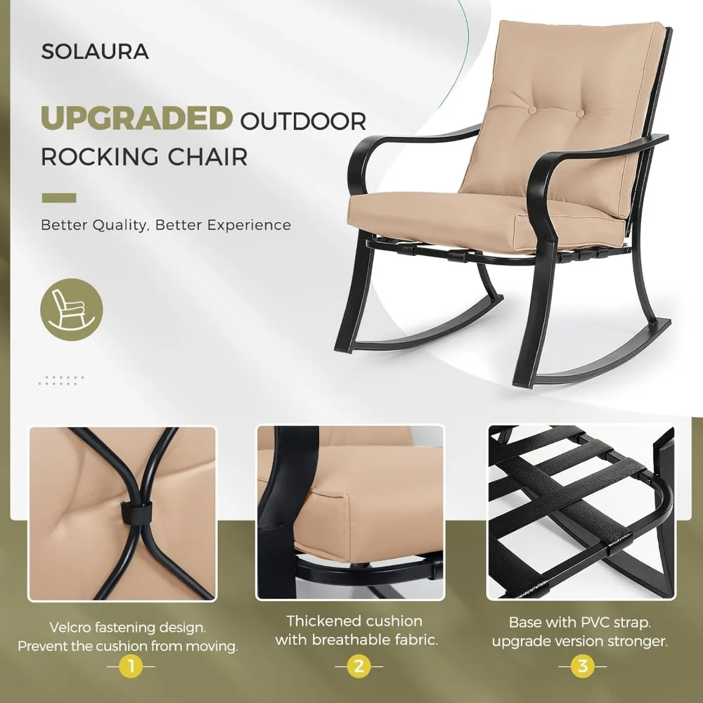 3-Piece Outdoor Rocking Chairs Bistro Set, Black Iron Patio Furniture with Brown Thickened Cushion & Glass-Top Coffee Table 5