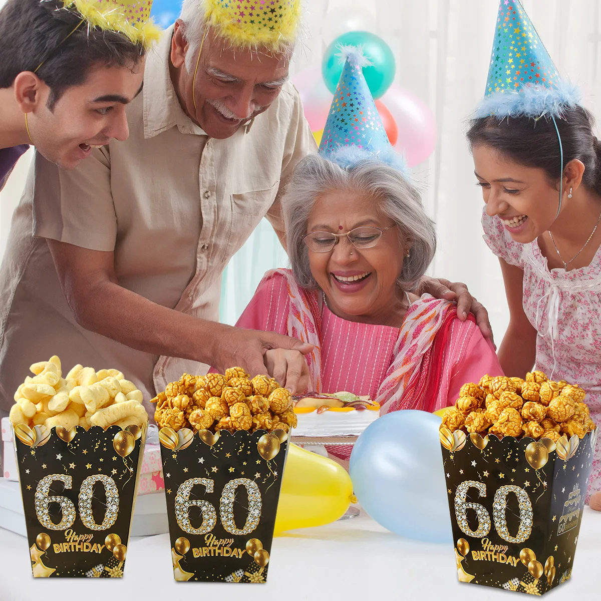 Elegant Black and Gold Popcorn Boxes - Set of 6 - Perfect for Parties and Celebrations