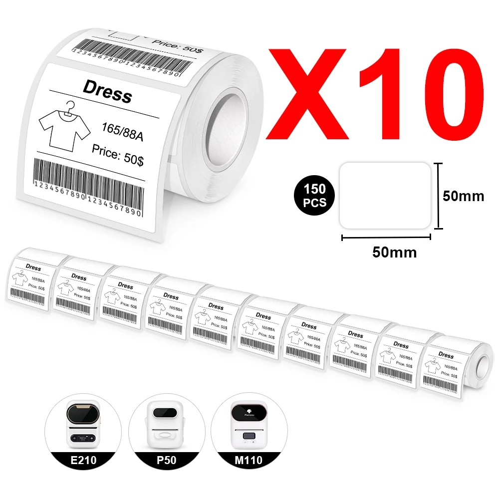 Papel de Impressora Térmica Adesiva Papel Etiqueta Branca Fita de Etiqueta Compatível E210 P50 Phomemo M110 E210 E210 10 Rolo 50*30 mm 50*50 mm