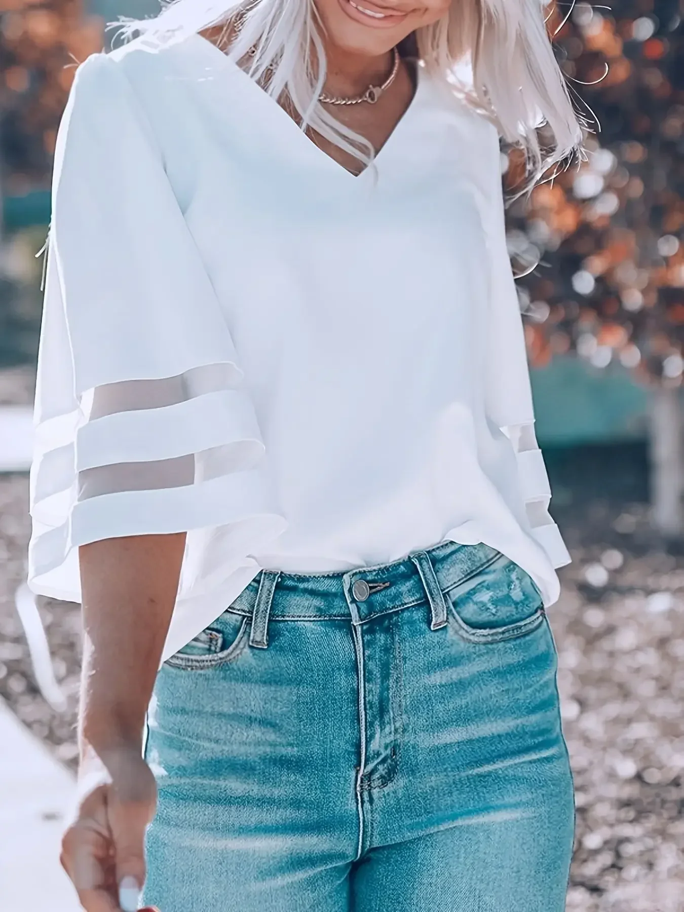 thumbnail image 1 of Nueva blusa informal de mujer de talla grande 1XL-8XL con escote en V holgado y costura de malla con mangas 3/4 para vacaciones, blusas tipo túnica para mujer, 1 of 5