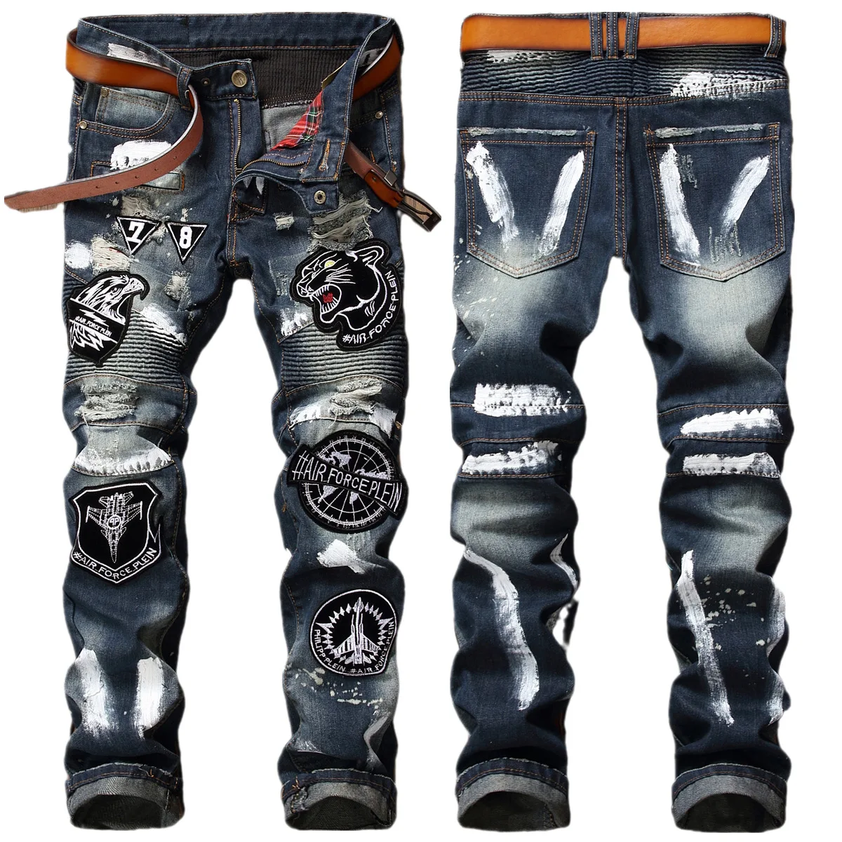 New embroidered ripped jeans men's badge hand painted  pants trend pleated splicing motorcycle long 