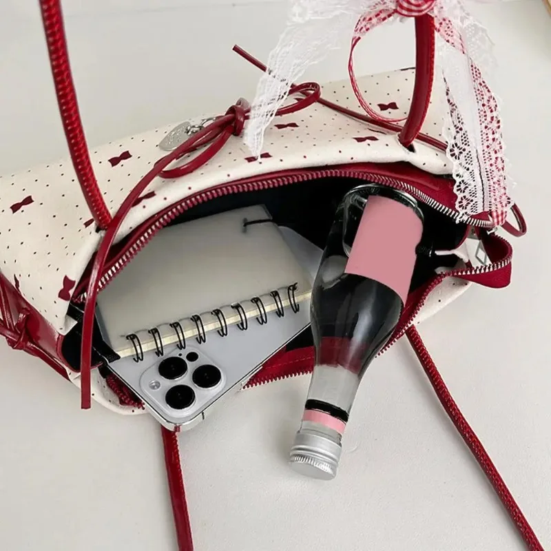 Sweet Y2K Shoulder Bag INS Floral Lace Bow Print Handbag Contrast Color Cute Women's Shoulder Bag