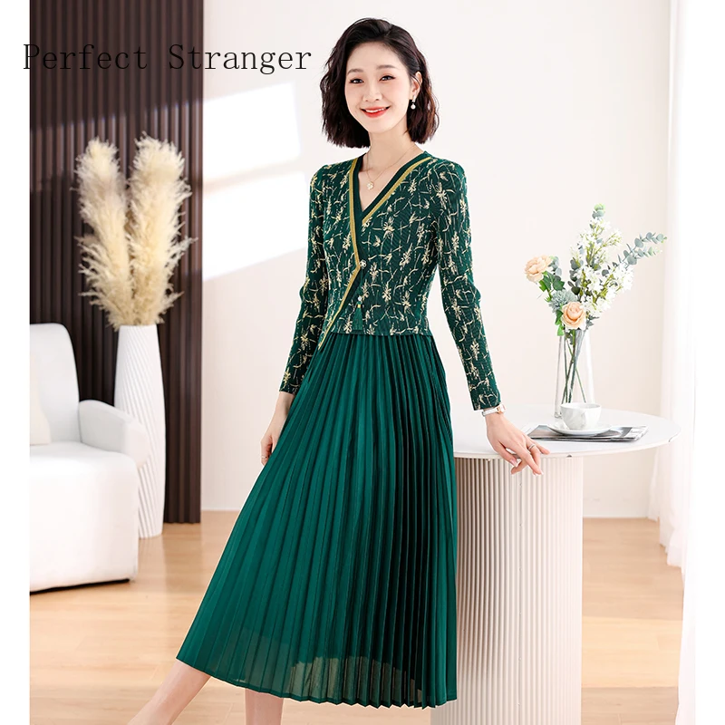 

Женское плиссированное платье Sanzhai, длинное Плиссированное Платье с V-образным вырезом, длинным рукавом и поясом на резинке, весна 2024