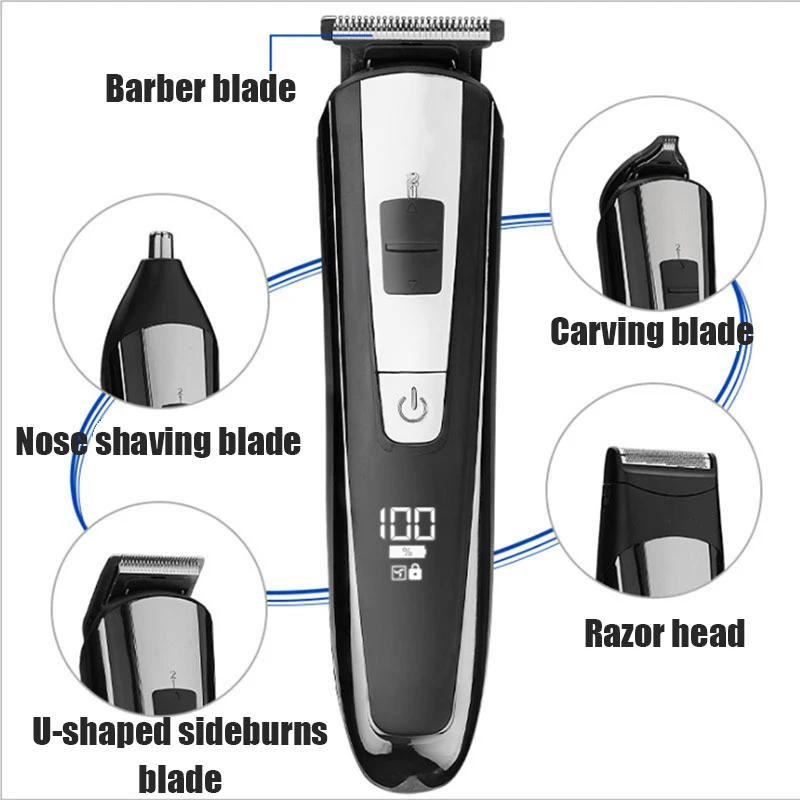 WAIKIL Professional Electric Men's Hair Clipper Hair Trimmer Five in One Shaver USB Rechargeable Cordless Digital Barber 3