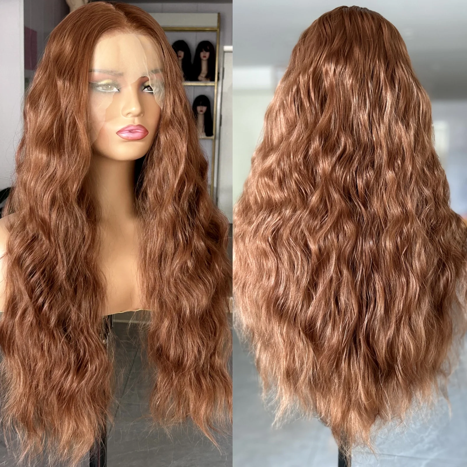 Lace Front Wig Synthetic Hair Wigs Ginger Brown Wig Deep Wave Synthetic Lace Front Wig Natural Wavy Long Curly Auburn Colored Hair 13X4 Frontal Wigs for Women
