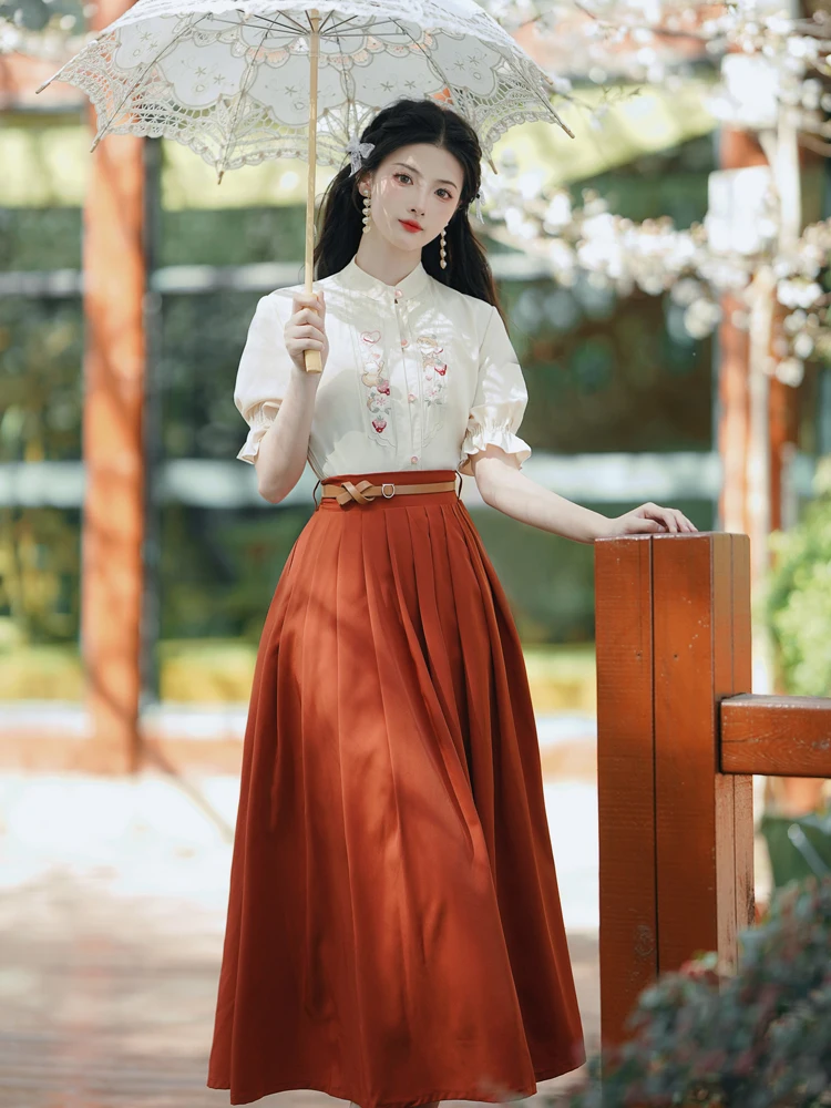 

2023 new fashion women's Clothing national style retro short sleeve single breasted shirt skirt set