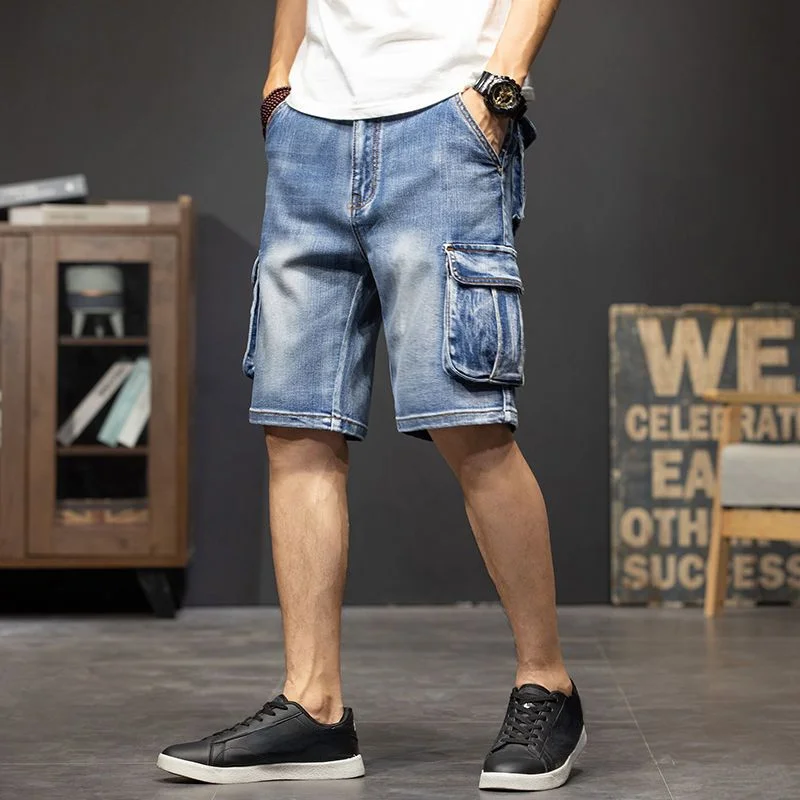 thumbnail image 1 of Pantalones cortos de mezclilla para hombre, hasta la rodilla, bermuda corta, pantalones vaqueros cortos para hombre con bolsillos, pantalones cortos de lujo azules, ropa de calle fina, talla XL, 1 of 4