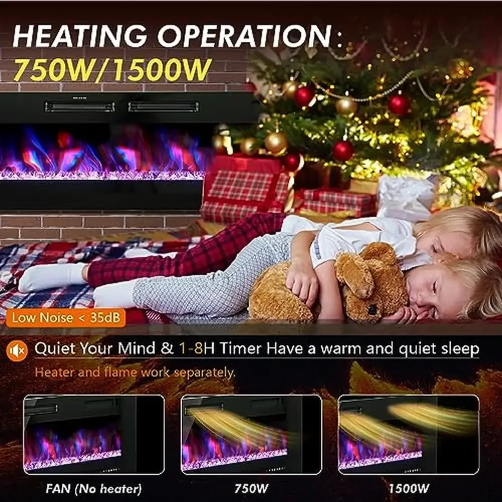 72" Electric Fireplace Remote Control Touch Screen Linear Heater Reversible Installation Adjustable Heat Levels Energy Efficient 4