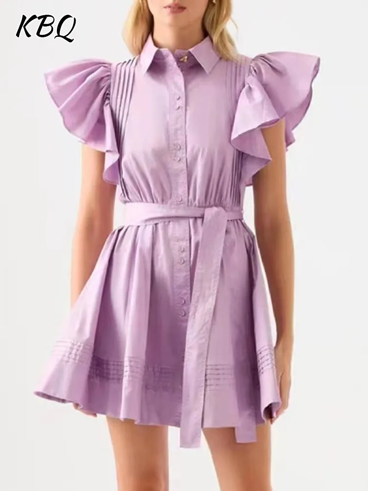 

KBQ Temperament Slim Dresses For Women Lapel Short Sleeve High Waist Spliced Lace Up Single Breasted Dress Female Fashion Style