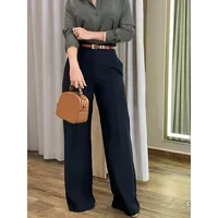 Plus Size 1XL-5XL Elegant Drapey Wide Leg Suit Pants Women's High Waist Straight Casual Floor Length Trousers