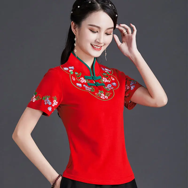 Women Chinese Style Vintage Floral Print Qipao Tops Hanfu Tee Shirt