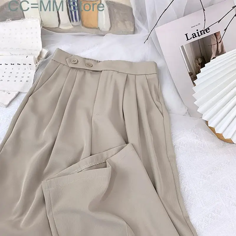 New High Waisted Suits Wide Leg Pants for Women Elegant Office French Style Full Length 2 Buttons Straight Trousers