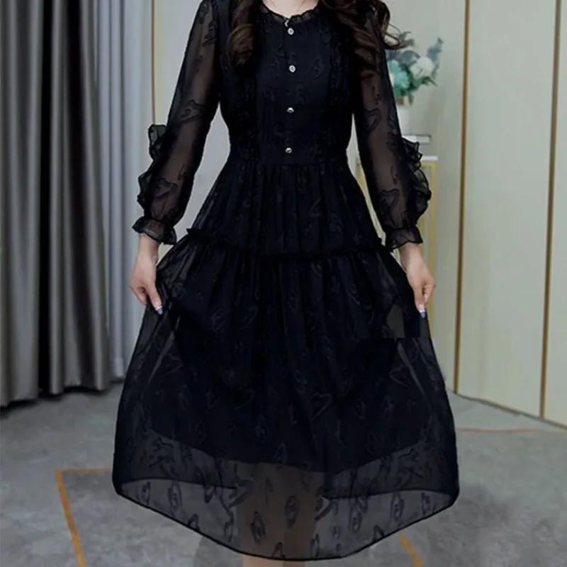 2023 Spring Autumn New Herben Style Slim Loose Simple Commuting  Fashion Lace Mid-length Round Collar Thin Dress Women Trend