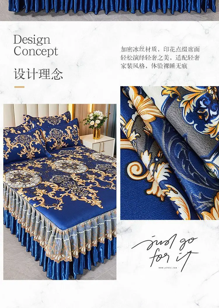Description Picture 3 of item3Pcs/Lot Double Bed Sheet Set Classic Lace Royal Blue Bed Sheet Bed Skirt, Machine Washable Wedding Bedspread Mattress Cover