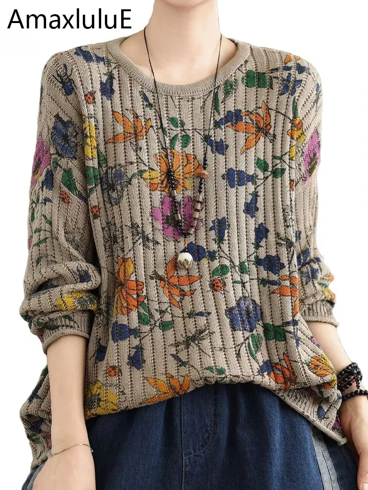 Amax luluE Printed Winter Females Striped O Neck Jumpers Casual Vintage Classic Luxury Sweaters Cotton Loose Oversized Pullovers