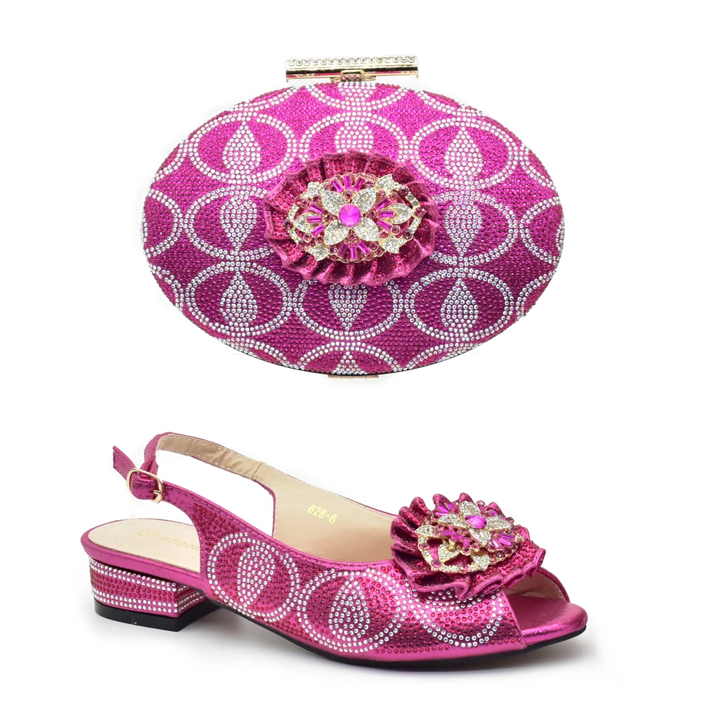 

Latest African Women Wedding Shoes with Bag Set Decorated with Rhinestone Wide Heels Women Wedding Shoes Bride Low Heels Women