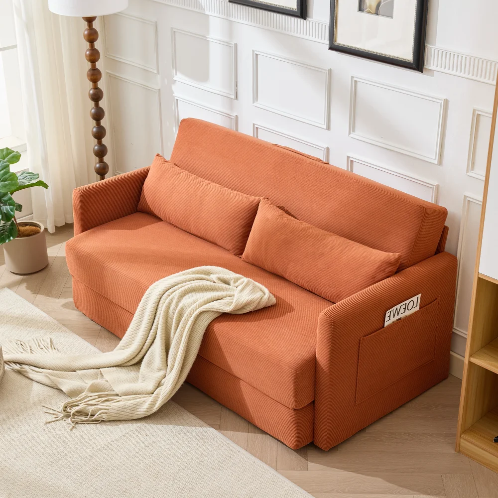 2-in-1 Konvertierbares Klappsofa-Bett aus Cord, 2-Sitzer Lounge-Couch mit Lendenkissen & Zeitschriften-Aufbewahrungstaschen, Beige – Detail 28