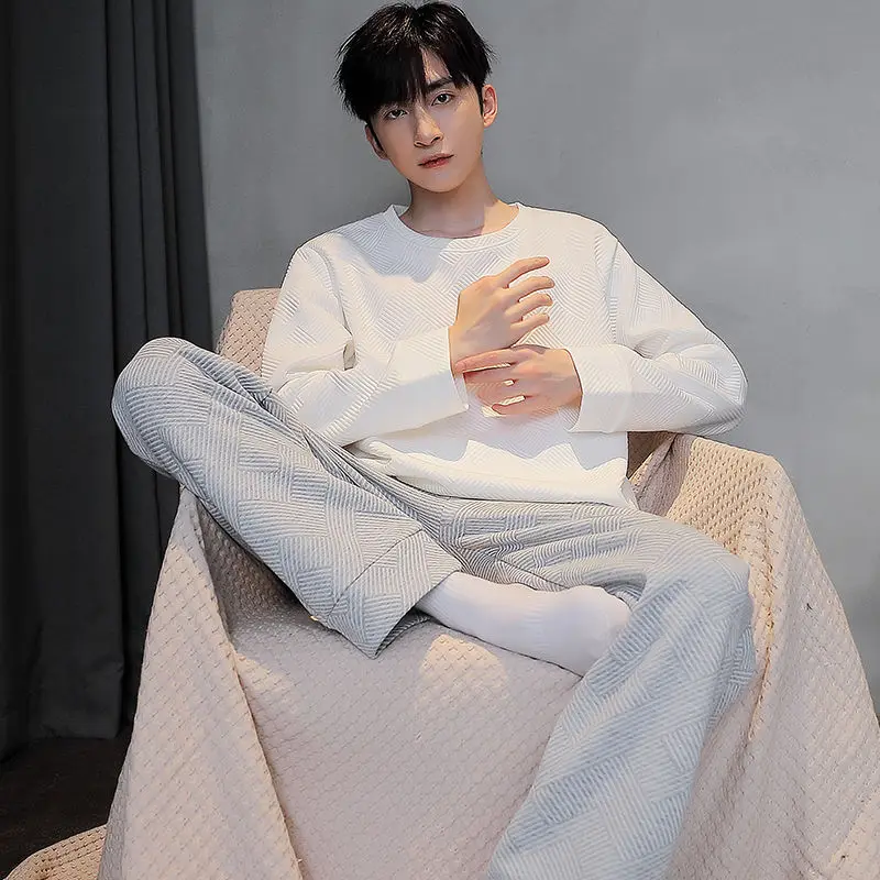 

Men Pajamas Autumn Winter Thickened Cotton Long Sleeve Interlayer Loose Extra Large Air Filter Cotton The New Homewear Set