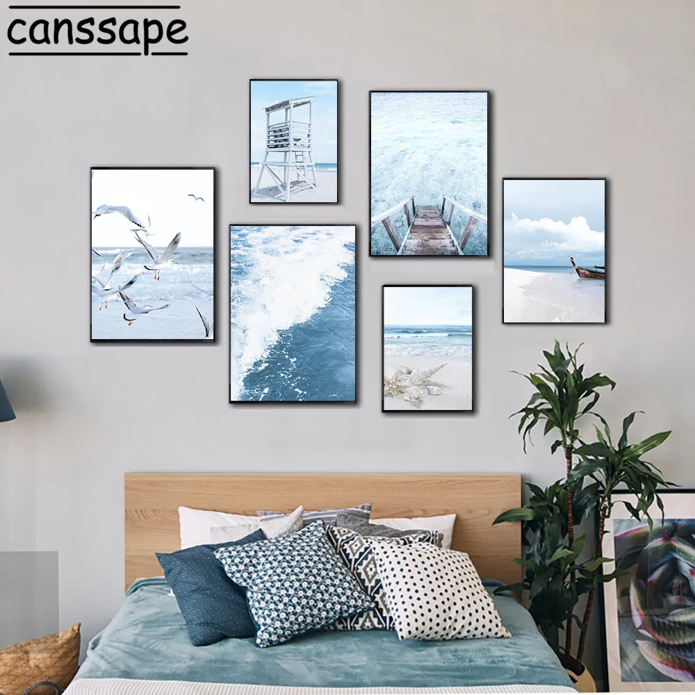 Stampe D'Arte Gabbiano Blue Ocean Wall Art Poster Sky Poster Seascape Canvas Painting Immagini Da Parete Scandinave Living Room Decor