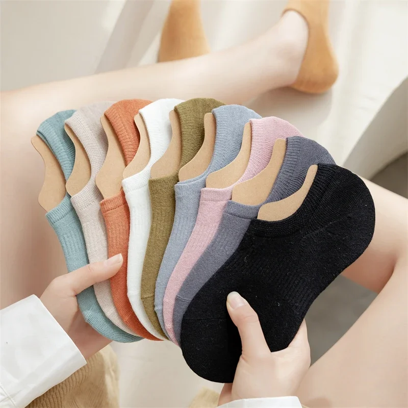 여성용 통기성 캐주얼 면 양말, 보이지 않는 로우 컷 양말, 미끄럼 방지 무지 ..