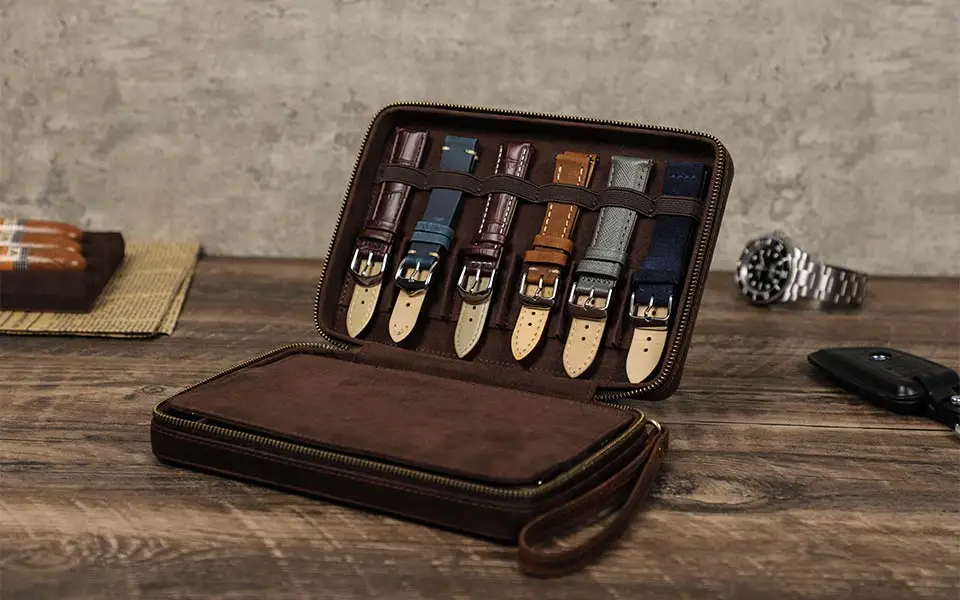 3 Slot Uhr Box Handgemachte Uhr Roll Reise Fall Armbanduhr Beutel 100% Kuh Leder Rutschte in Out Organizer Geschenke – Detail 5