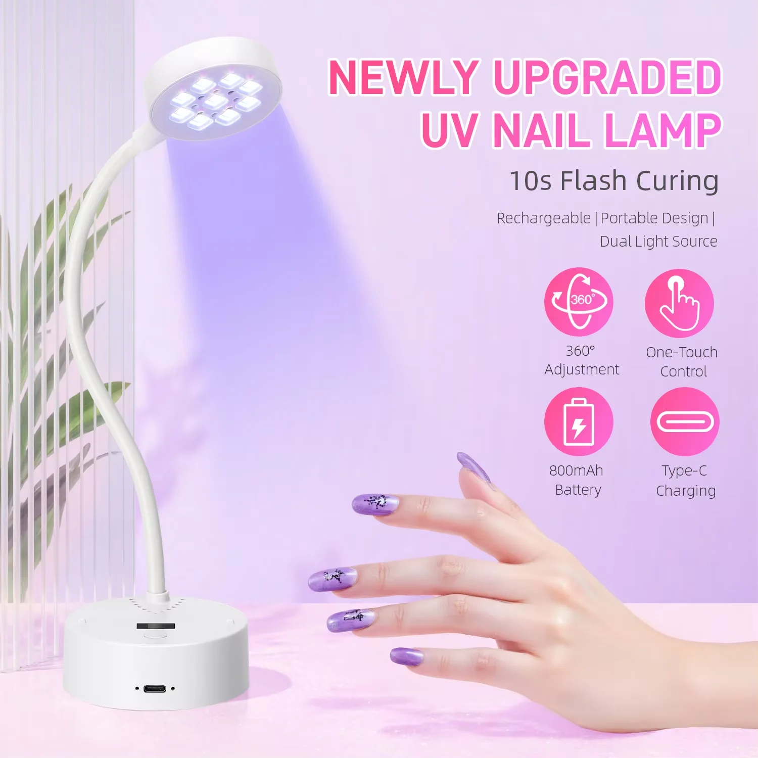 YIKOOLIN 충전식 UV/LED 네일 드라이어 360 ° 구부릴 수 있는 터치 컨트롤 젤 네일 램프 네일 아트용 빠른 건조 테이블 램프